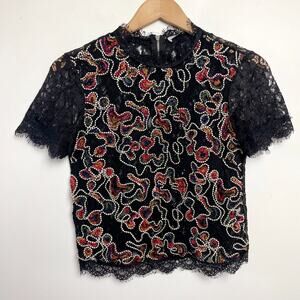 Zara Sheer Embroidered Crochet Lace Top Medium Black Abstract Floral Festival